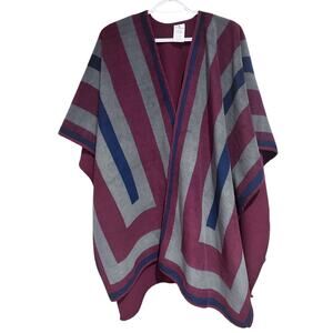 Woolrich Reversible Poncho Cape Wrap One Size Maroon Gray Blue Striped Polyester